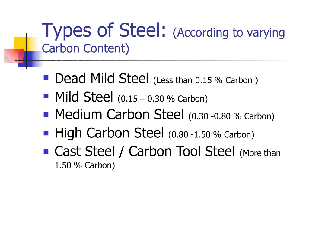 types of steel according to varying carbon content