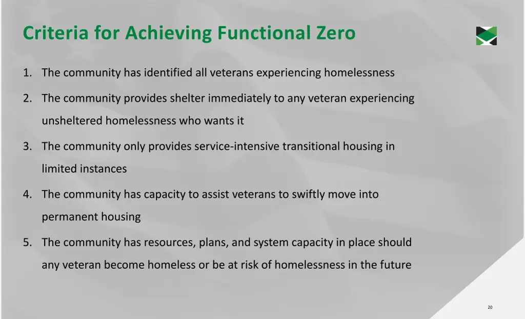 criteria for achieving functional zero