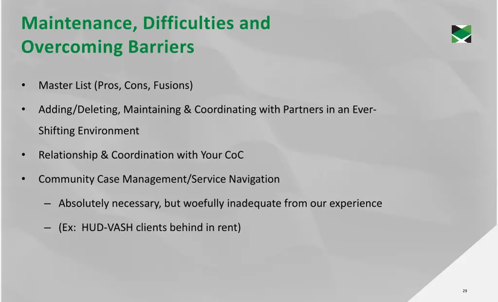 maintenance difficulties and overcoming barriers