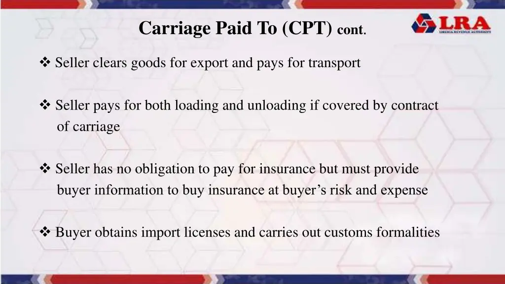 carriage paid to cpt cont