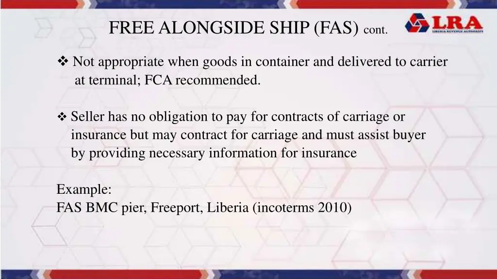 free alongside ship fas cont