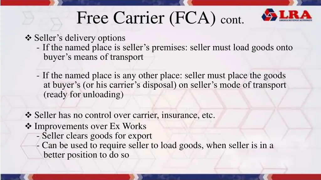 free carrier fca cont