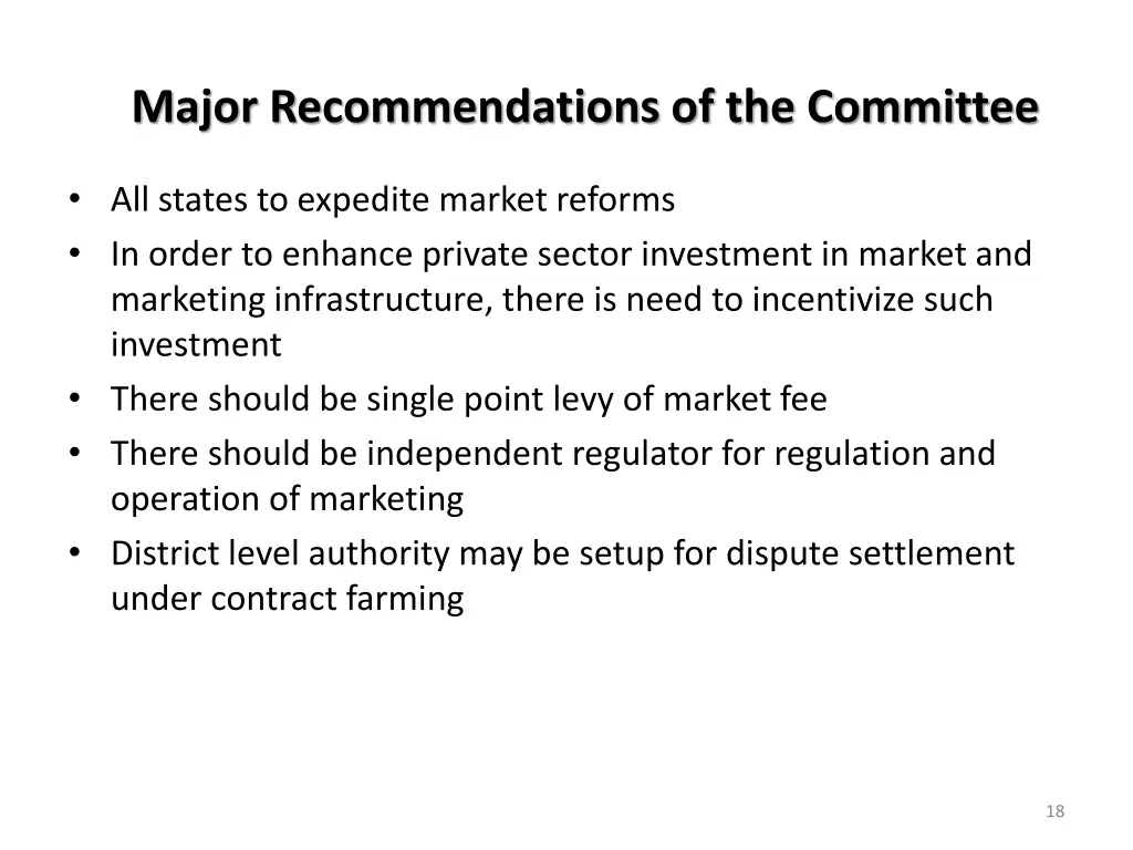 major recommendations of the committee