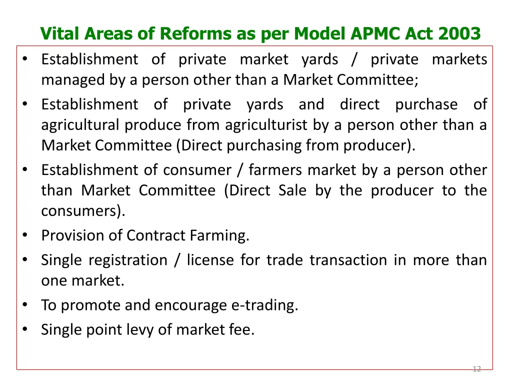 vital areas of reforms as per model apmc act 2003