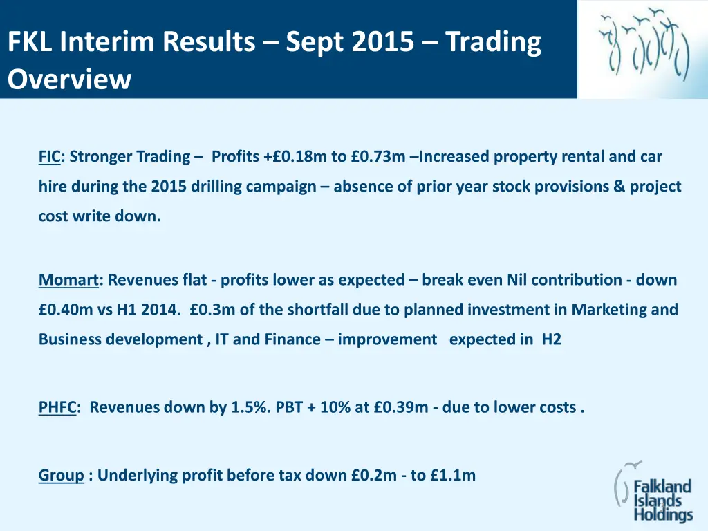 fkl interim results sept 2015 trading overview