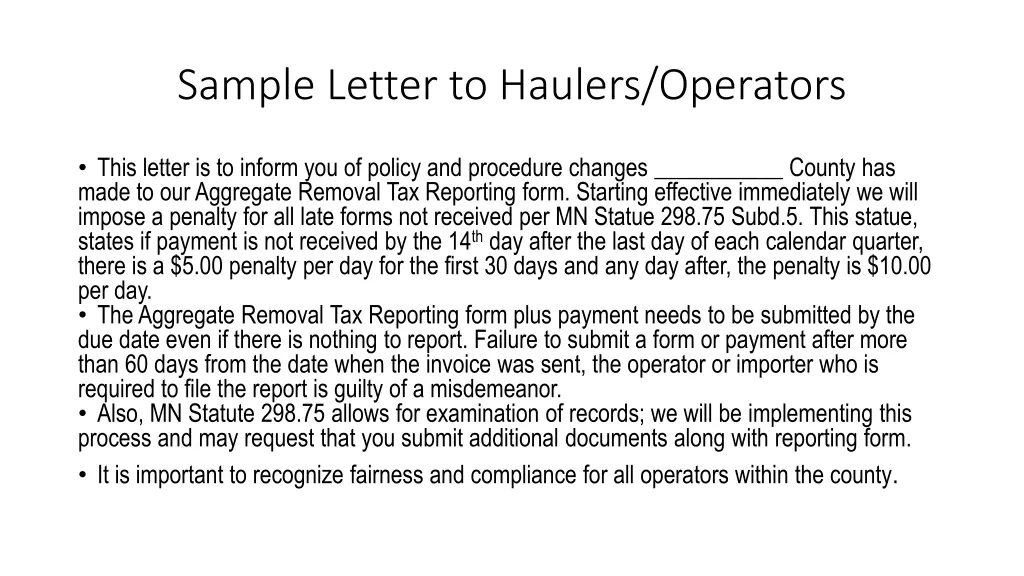 sample letter to haulers operators