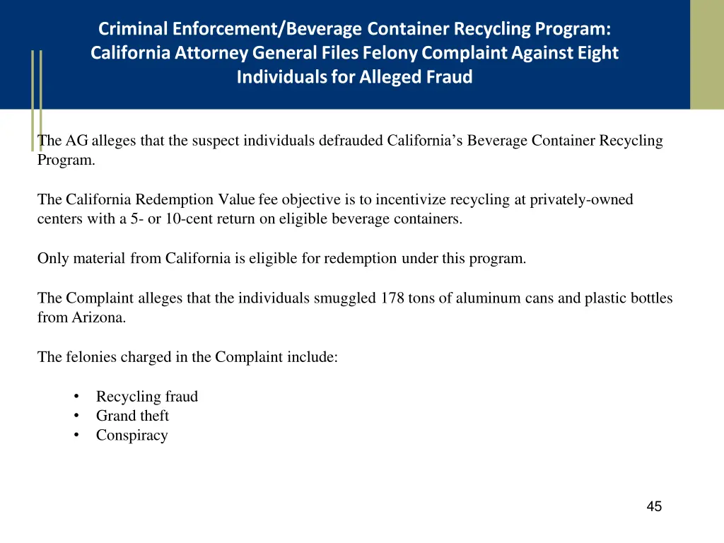 criminal enforcement beverage container recycling