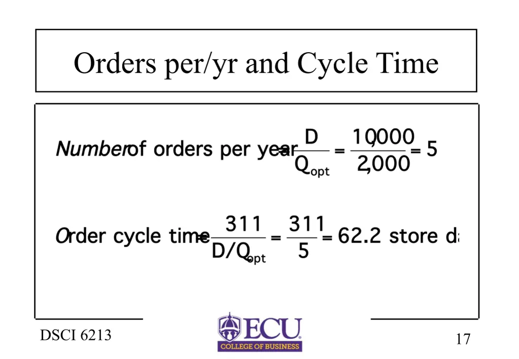 orders per yr and cycle time