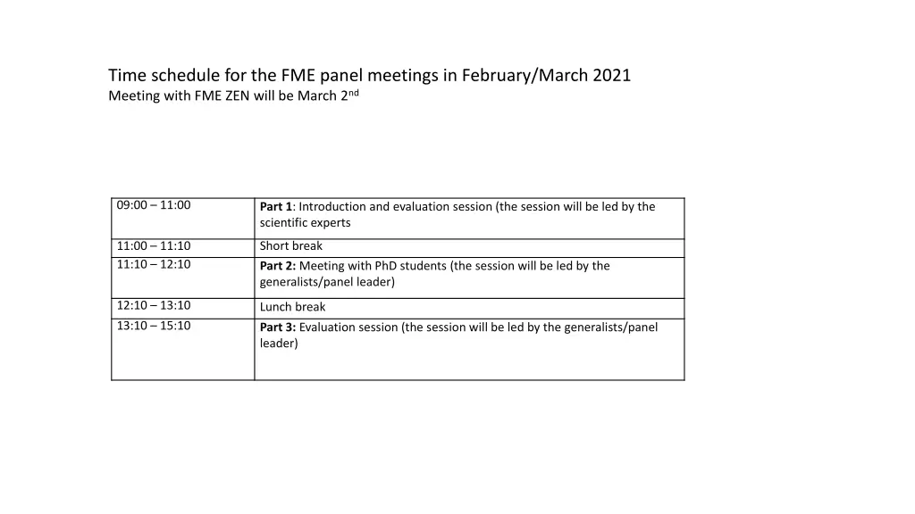 time schedule for the fme panel meetings