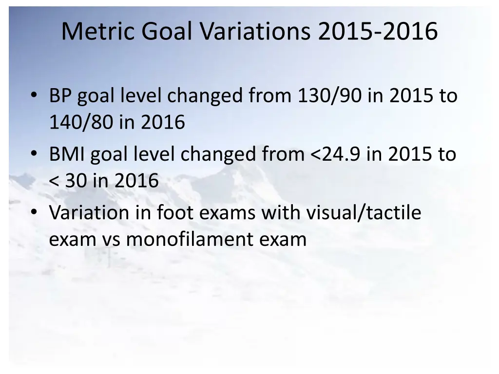 metric goal variations 2015 2016