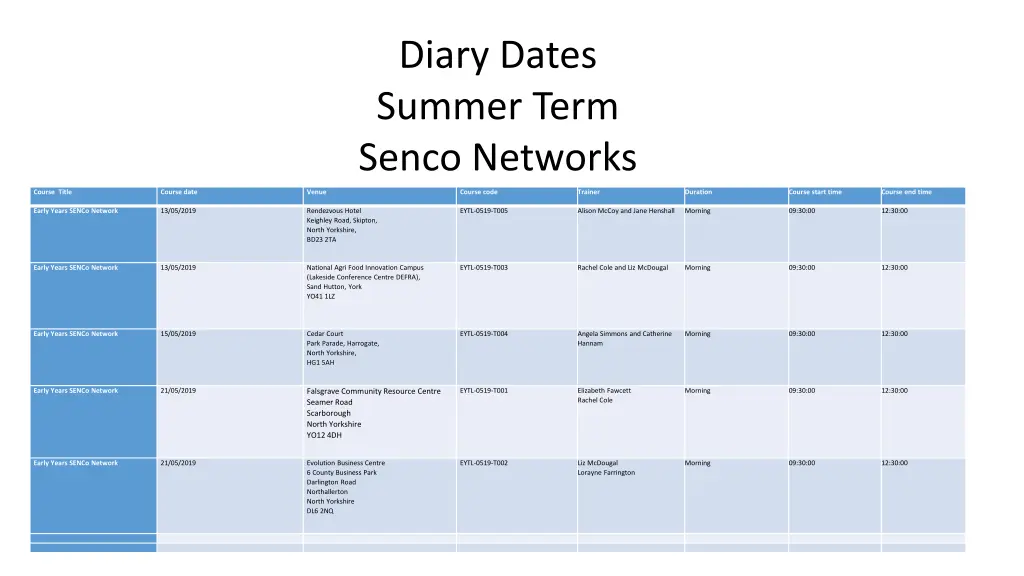 diary dates summer term senco networks