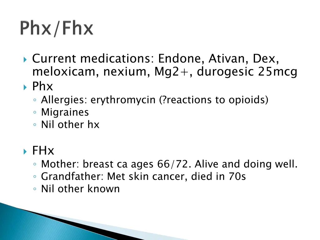 current medications endone ativan dex meloxicam