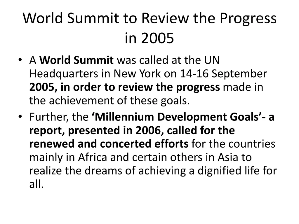 world summit to review the progress in 2005