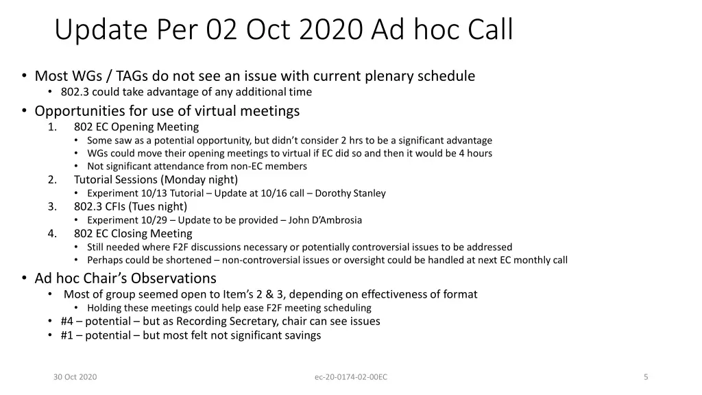 update per 02 oct 2020 ad hoc call