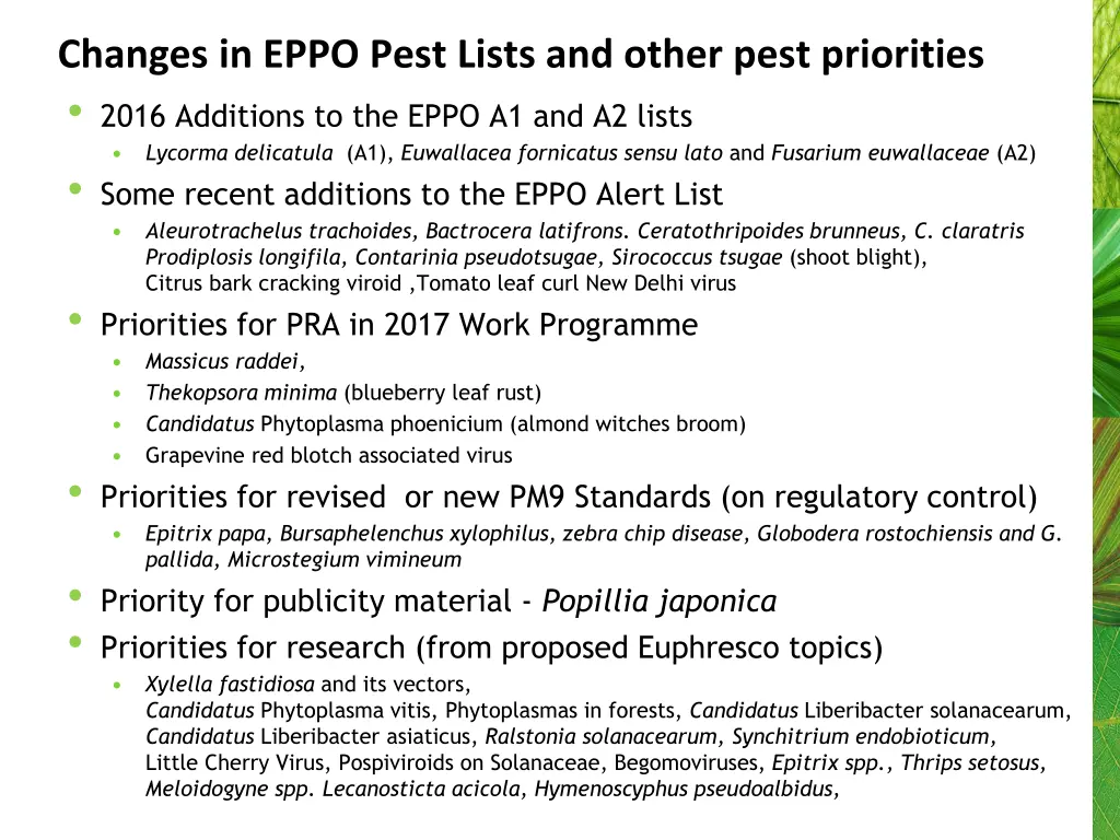 changes in eppo pest lists and other pest