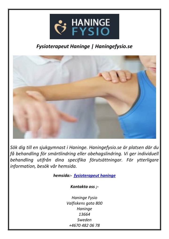 fysioterapeut haninge haningefysio se