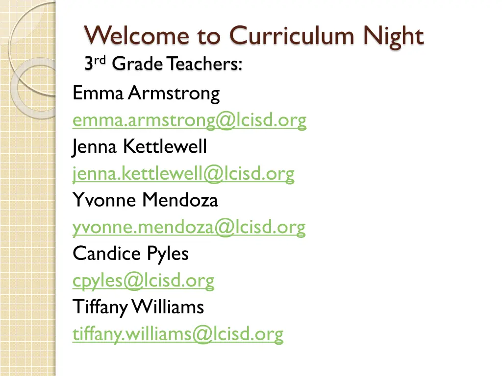 welcome to curriculum night 3 rd grade teachers