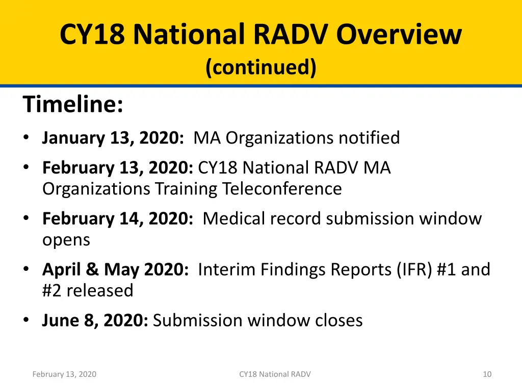 cy18 national radv overview continued timeline