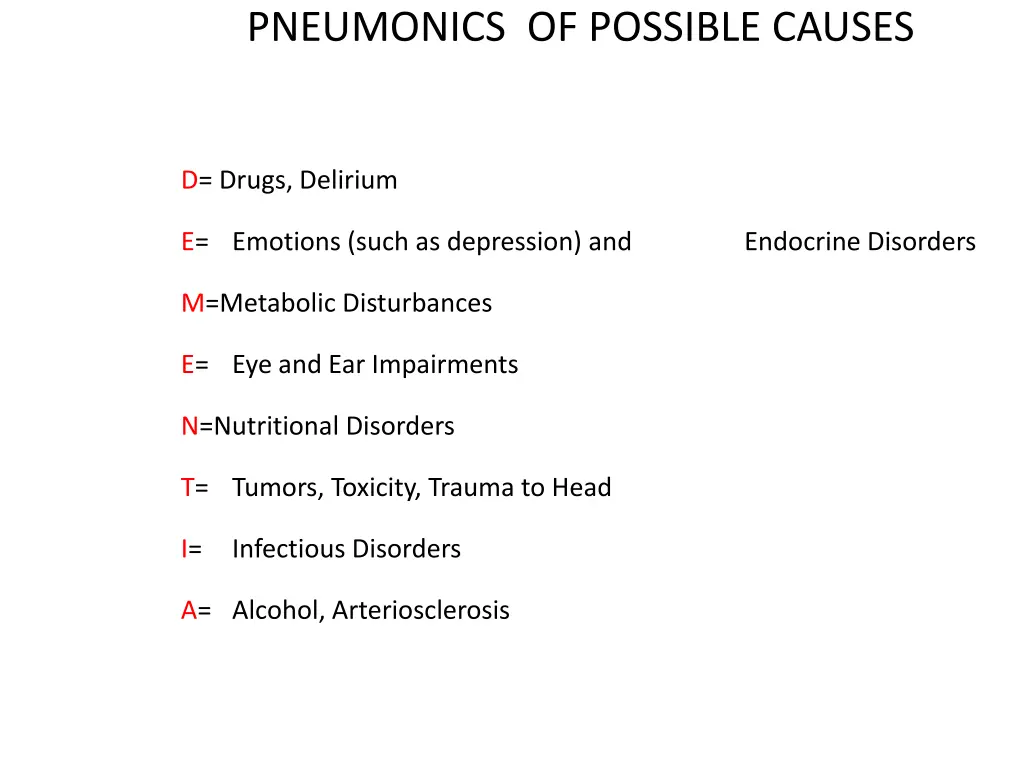 pneumonics of possible causes