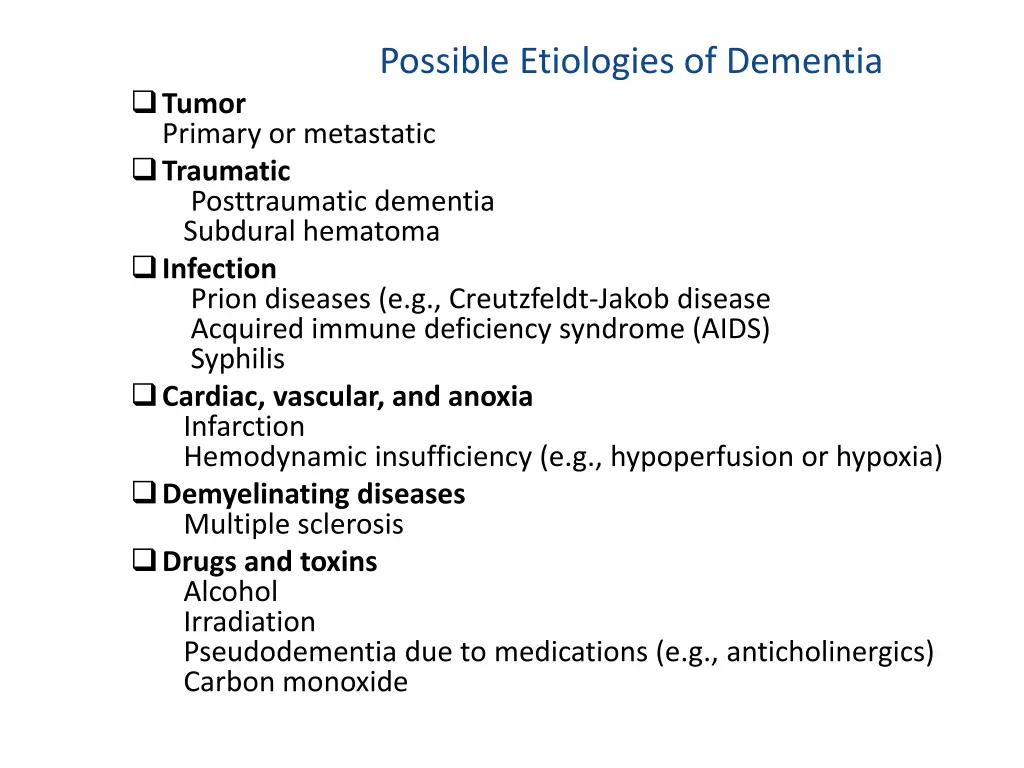 possible etiologies of dementia