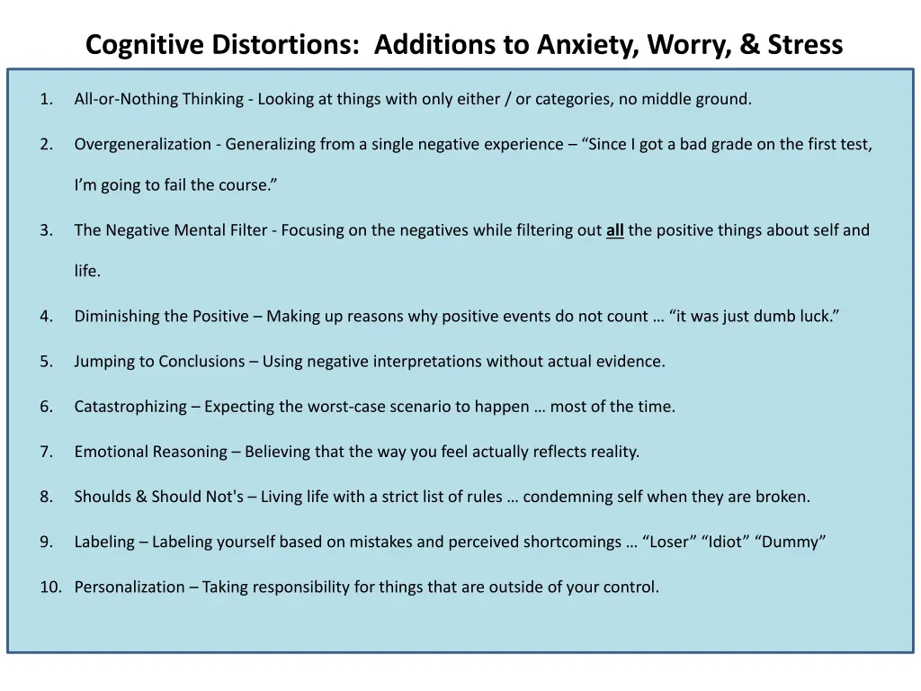 cognitive distortions additions to anxiety worry