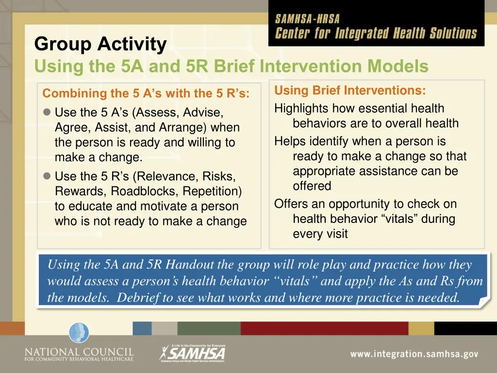 group activity using the 5a and 5r brief