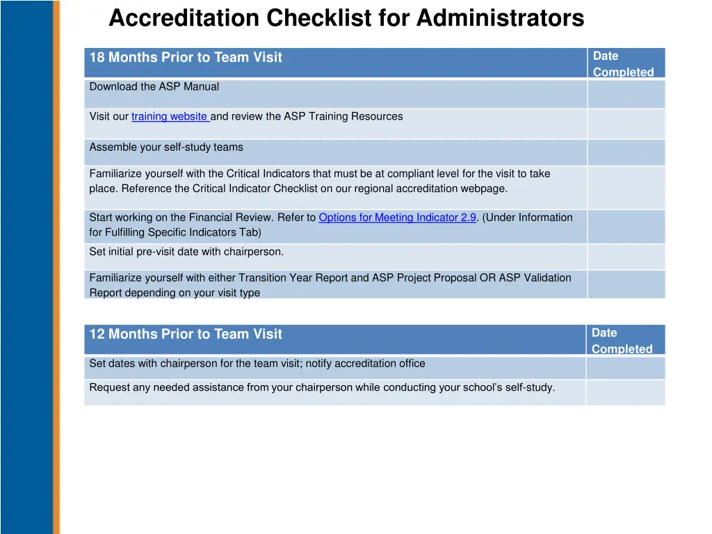 accreditation checklist for administrators