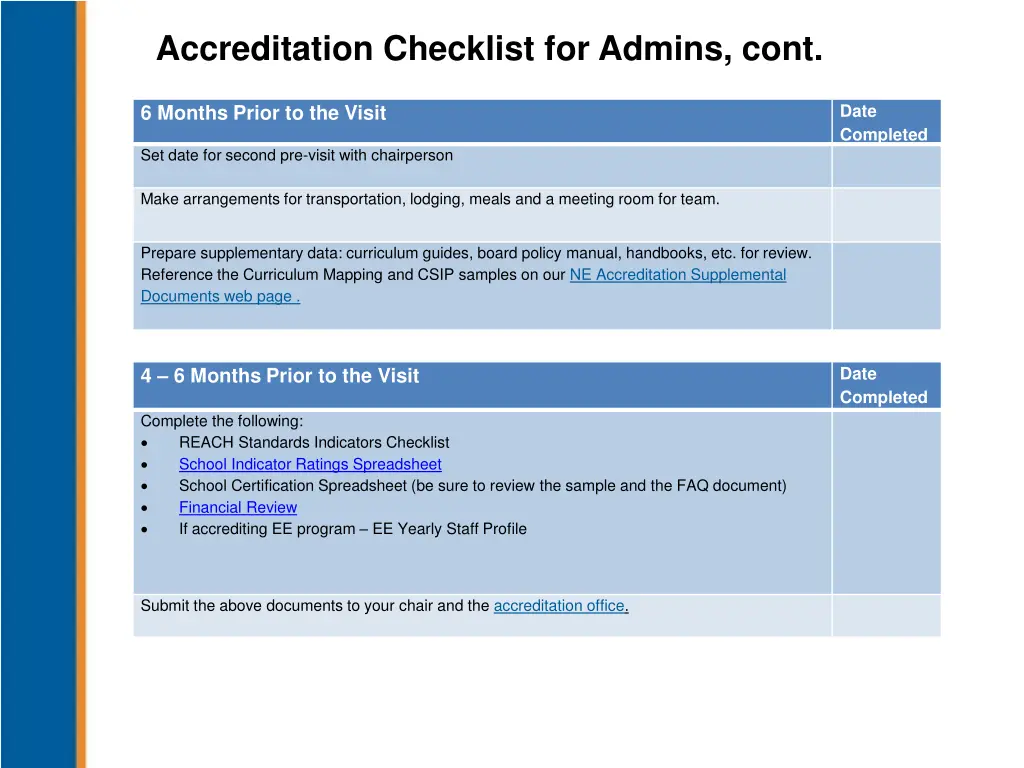 accreditation checklist for admins cont