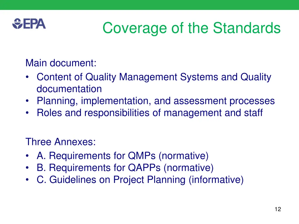 coverage of the standards