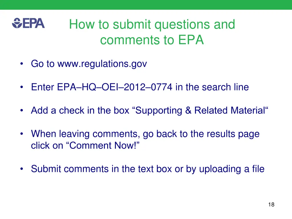 how to submit questions and comments to epa