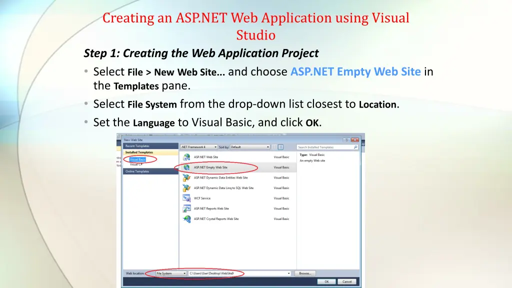 creating an asp net web application using visual