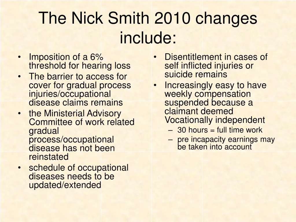 the nick smith 2010 changes include imposition