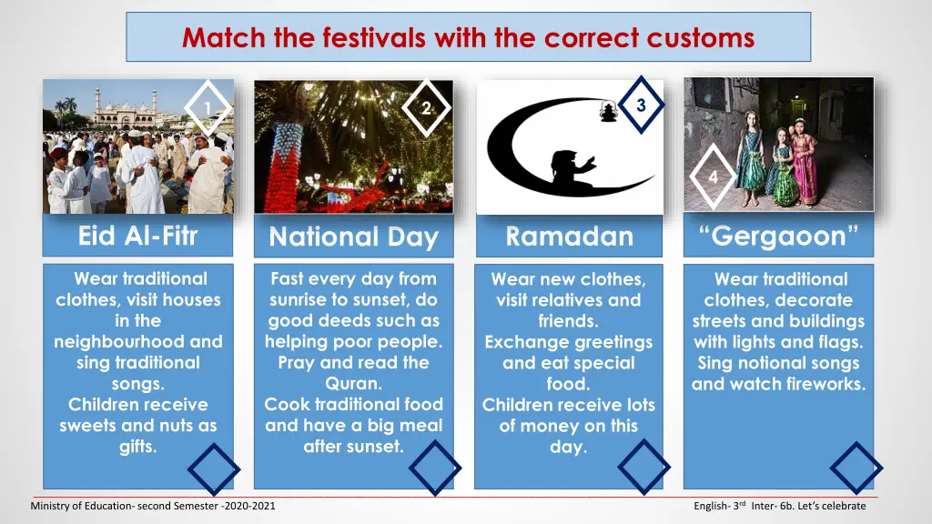 match the festivals with the correct customs