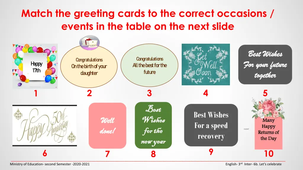 match the greeting cards to the correct occasions
