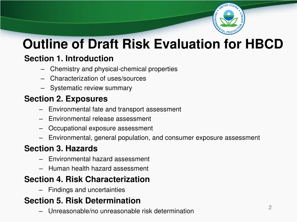 outline of draft risk evaluation for hbcd section