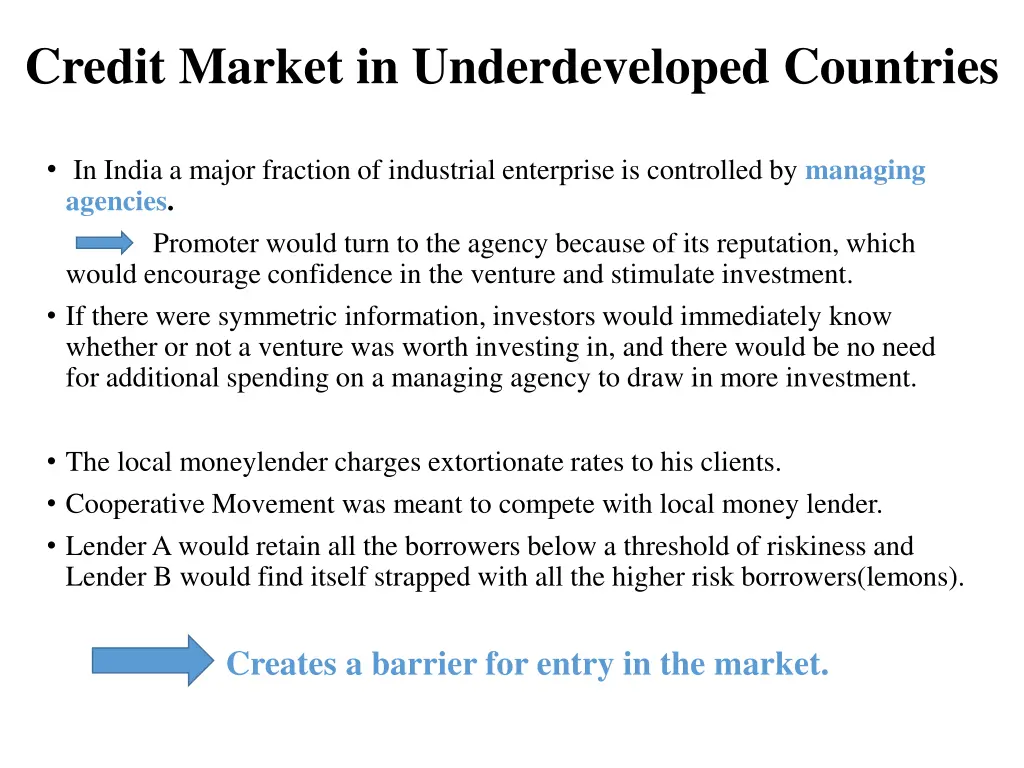 credit market in underdeveloped countries