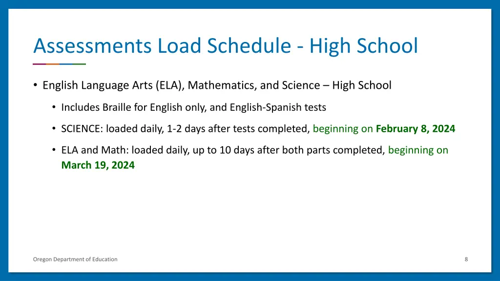 assessments load schedule high school