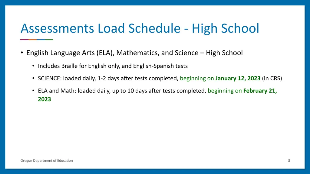 assessments load schedule high school