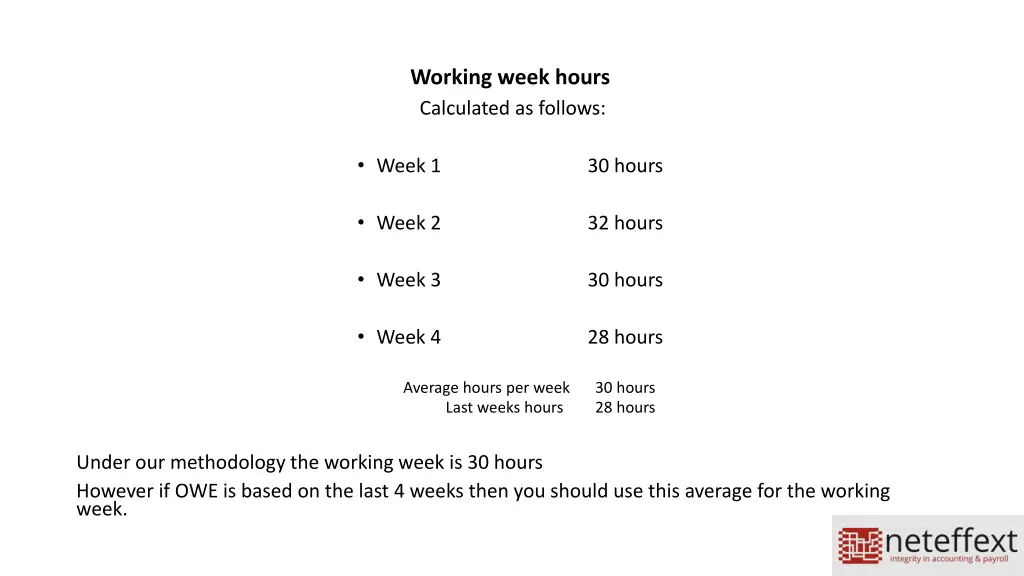 working week hours calculated as follows