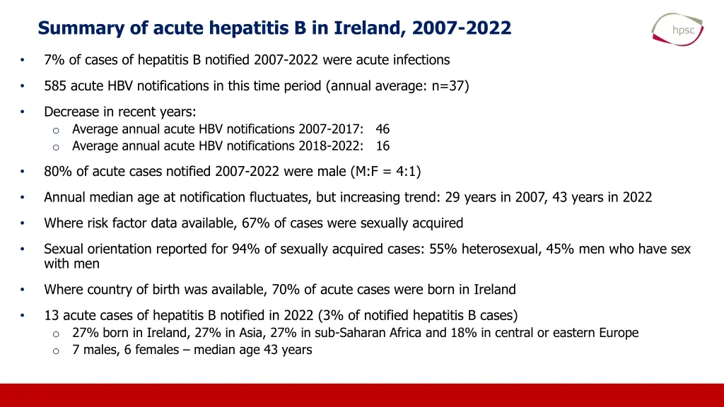 summary of acute hepatitis b in ireland 2007 2022