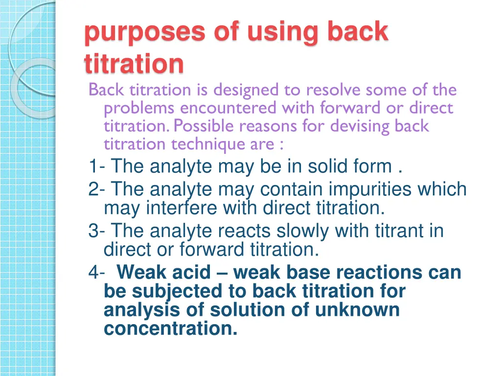 purposes of using back titration back titration