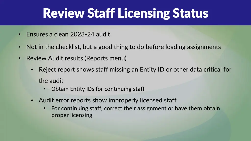 review staff licensing status review staff