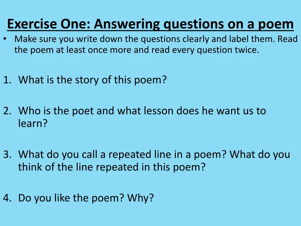 exercise one answering questions on a poem make