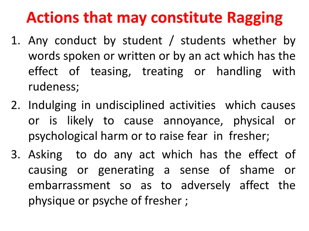 actions that may constitute ragging