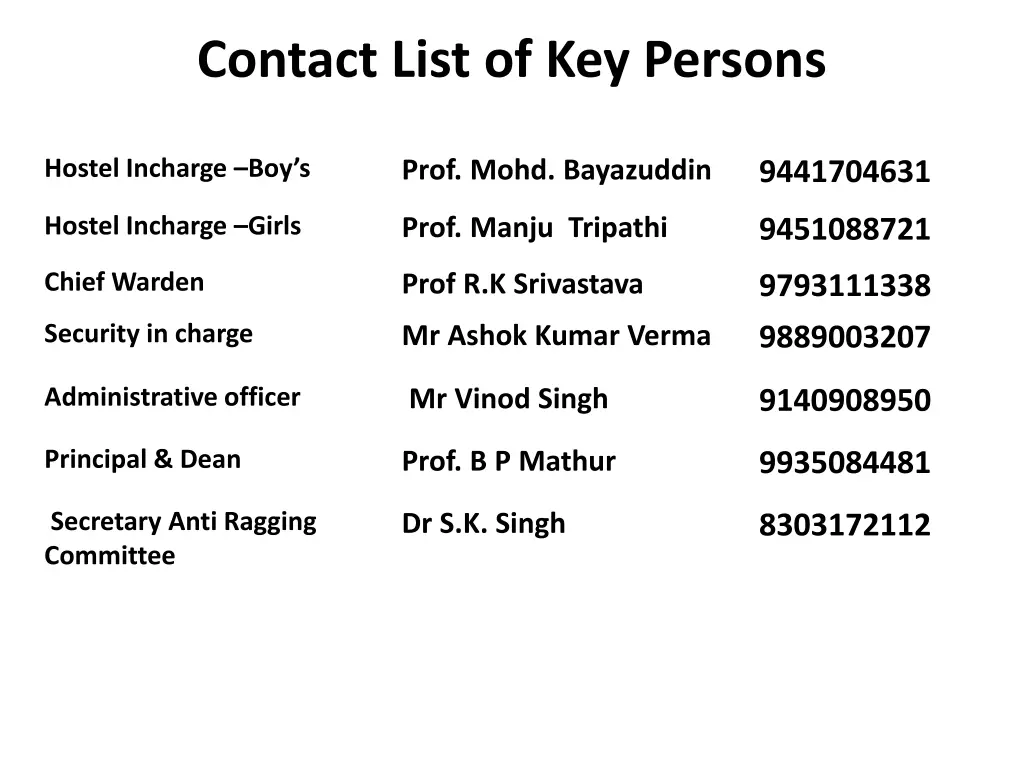 contact list of key persons