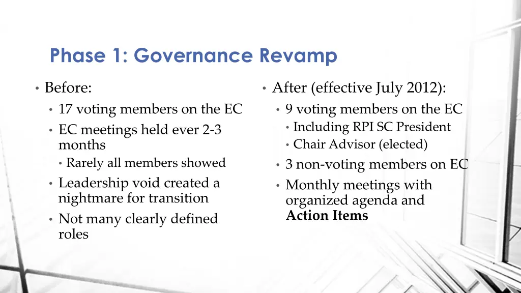 phase 1 governance revamp