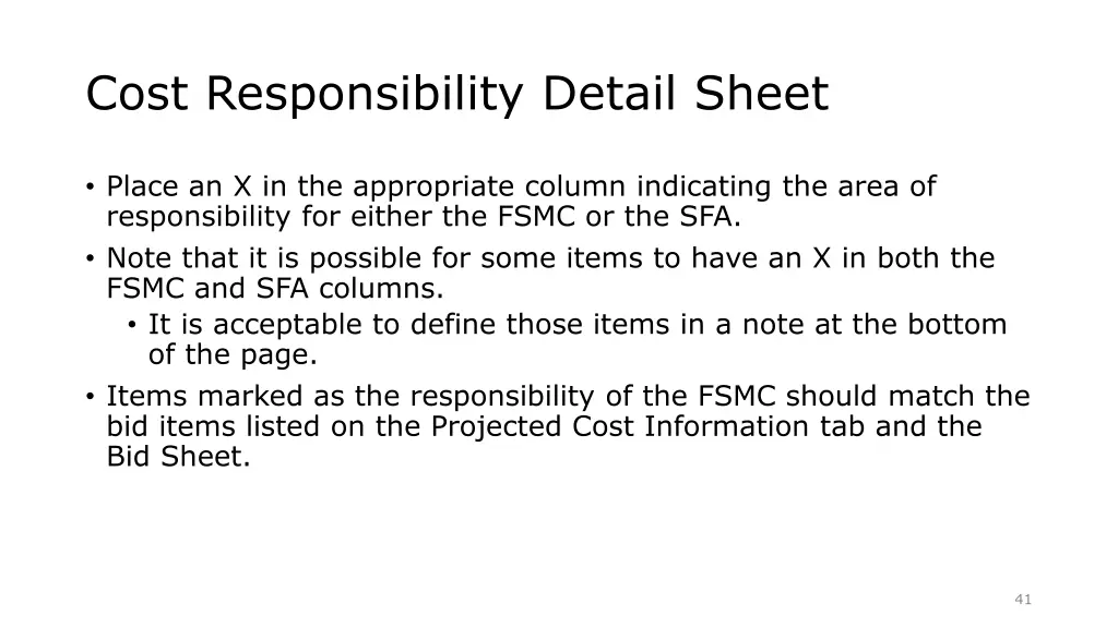 cost responsibility detail sheet