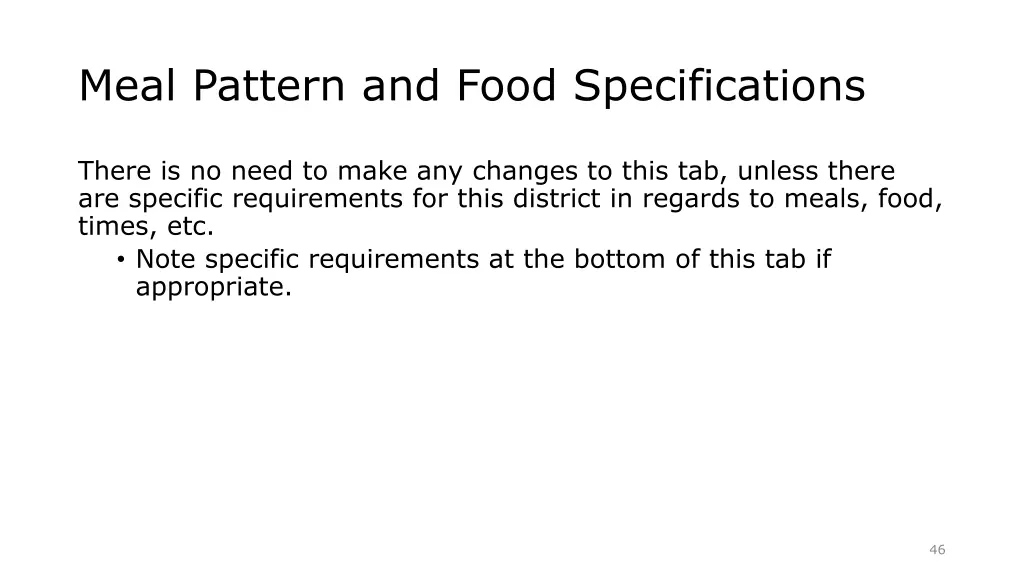 meal pattern and food specifications