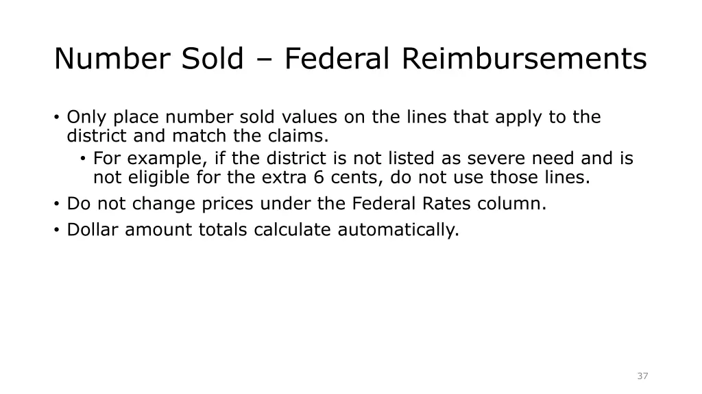 number sold federal reimbursements