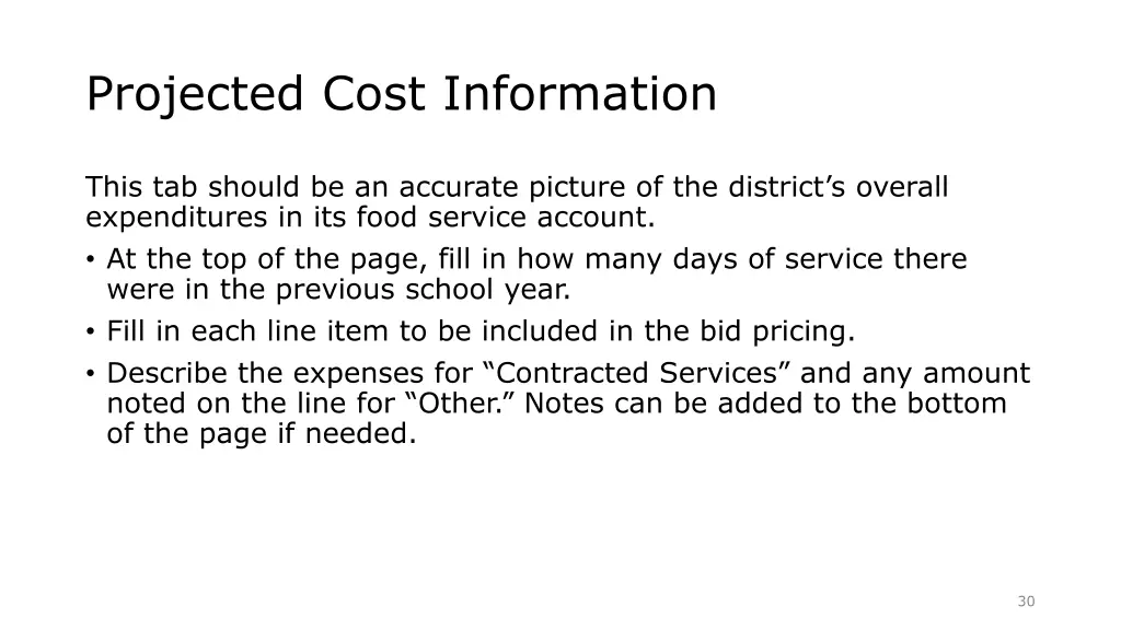 projected cost information